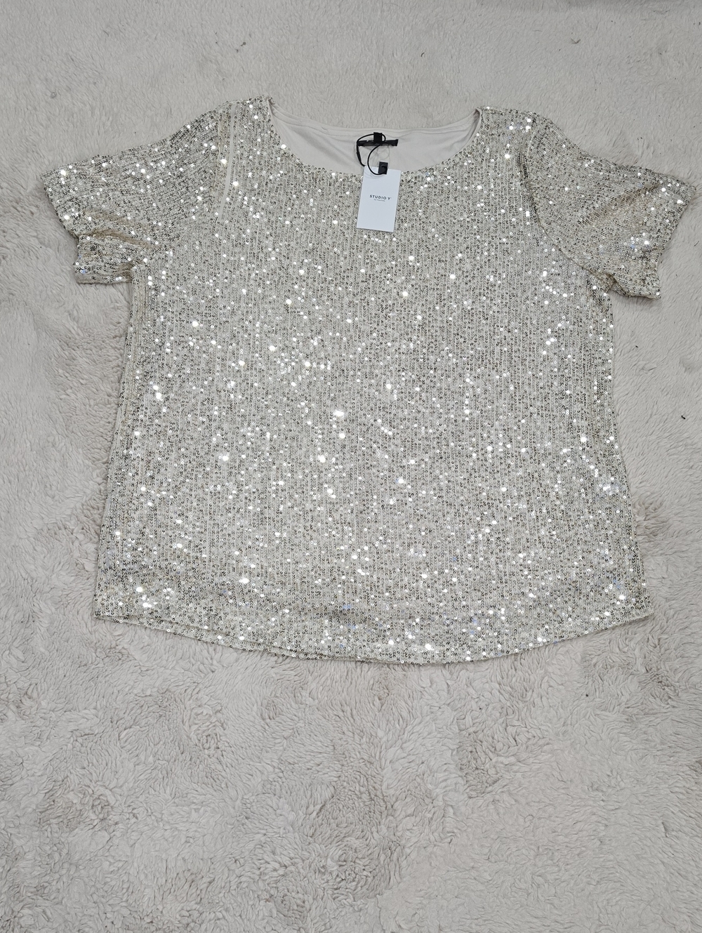 Studio Y Silver Sequin Short Sleeve Top